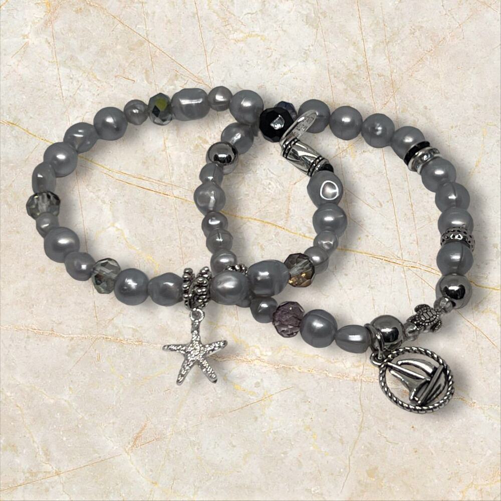 Silver Stretch Beachy Unique Handmade Bracelet Set Charm Unique Design